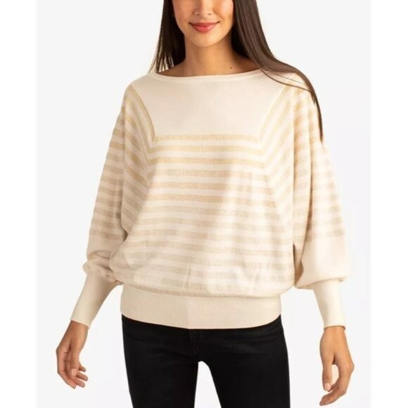 TRINA TURK Wool Carraway Balloon Sleeve Sweater in Ecru / Gold-  NWT - Picture 1 of 5